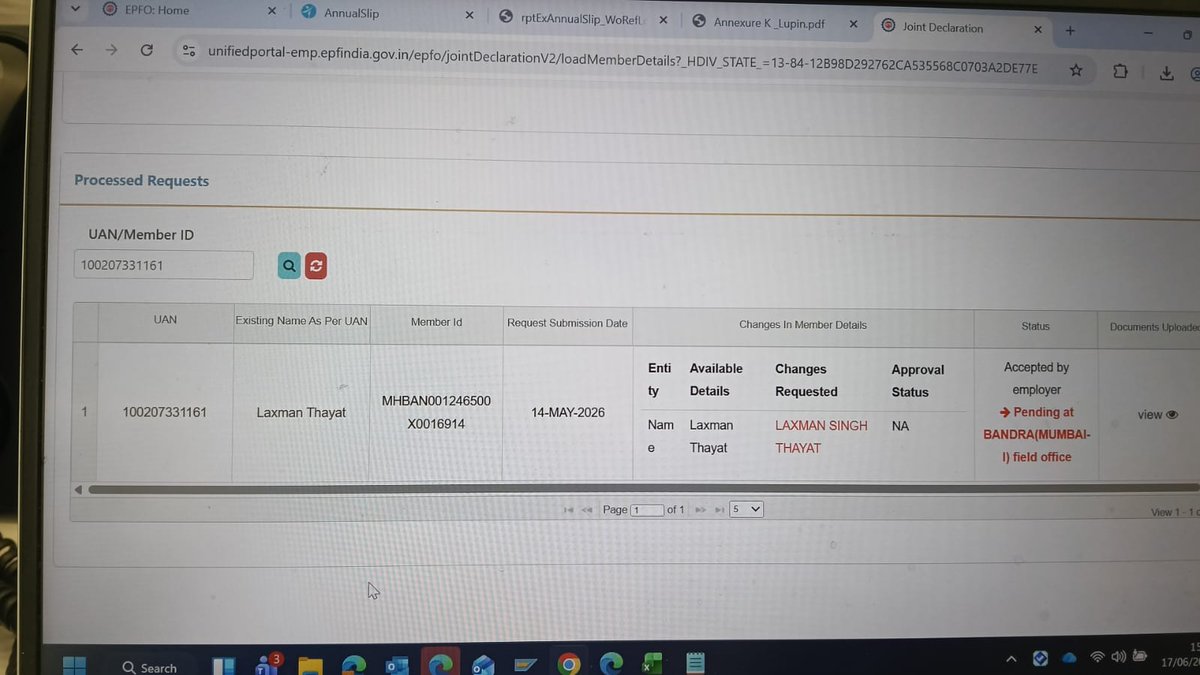 laxmanthayat's tweet photo. Dear Sir @mansukhmandviya ji I have rectified my name in EPFO portal on 14 May, which is lying pending at EPFO Bandra Mumbai and raised grievance on 14 June for same but so far no rectification and activation of my UAN 100207331161. Need your intervention. M-8448767051 https://t.co/BaogEcsWL9