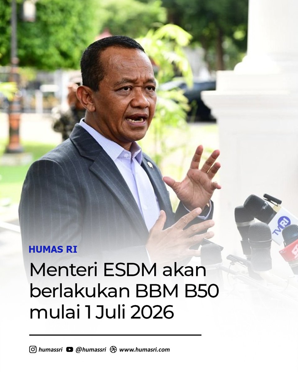 HumassRI's tweet photo. Menteri ESDM Bahlil Lahadalia memastikan implementasi biodiesel B50 akan dimulai pada 1 Juli 2026 sebagai upaya memperkuat ketahanan energi nasional dan mendorong energi terbarukan.

#B50 #Biodiesel #EnergiNasional #EnergiTerbarukan #ESDM https://t.co/q45OhsRniE