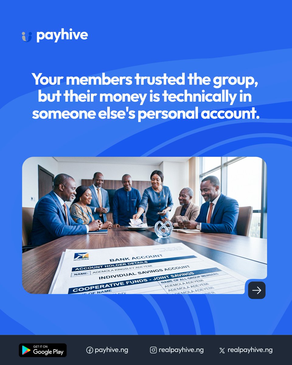 realpayhive's tweet photo. The biggest risk in group finances is not always a missing payment. It’s where the money is kept.

Many groups still rely on:
“Send it to the treasurer’s account.”
It’s convenient… until it isn’t.
A personal account means access and control are tied to one person.

Thread 🧵 https://t.co/GGMIzXZYzn