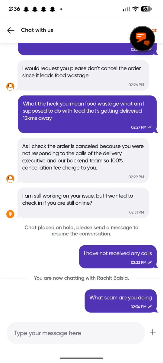 baraneegowtham's tweet photo. No delivery agent reached out to me and the food is not even prepared still they're charging me 100% cancellation fee when the food itself is not prepared and preaching not to waste the unprepared food #scam #swiggy #cancellation #onlinefood https://t.co/WFt902saVm