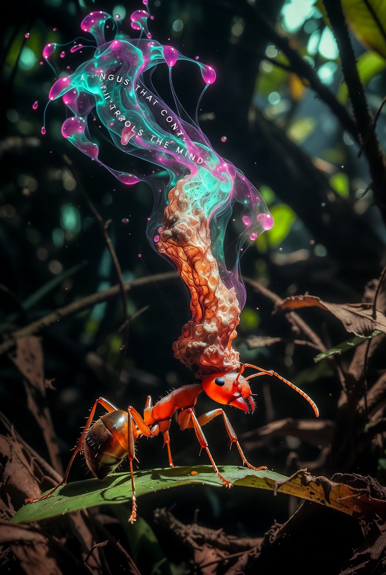 JuniverseAI's tweet photo. A terrifying fungus hijacks ant brains to completely control their physical bodies. #Grok #Imagine #Juniverse https://t.co/TMGHHBOfot