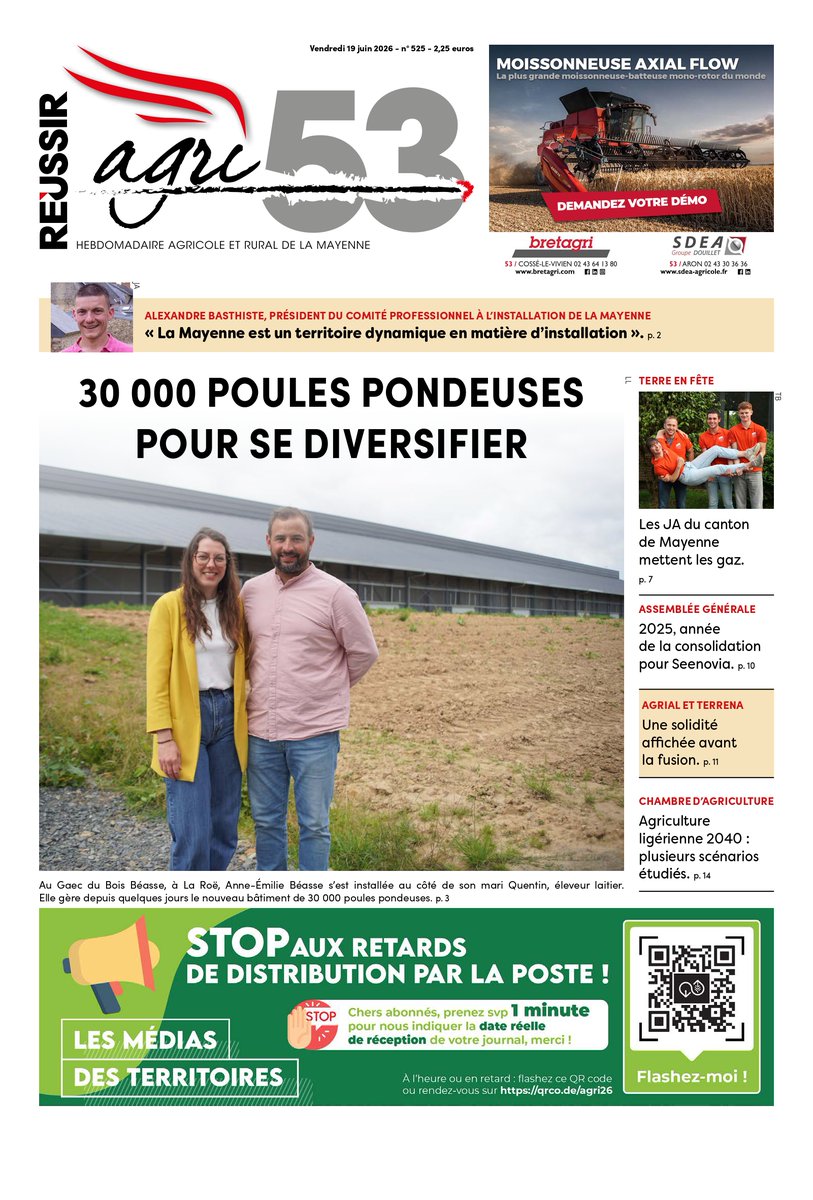 Agri_53's tweet photo. Un contenu riche et varié demain dans Agri53 : nouveau bâtiment poules pondeuses au Gaec du Bois Béasse ; démarches TéléPAC suite à la géomyza ; prépa de Terre en fête par @JEUNESAGRI53 ; AG de @seenovia @terrenacoop et #Agrial ; congrès @ChambagriPdL... https://t.co/hpSybGT4mC