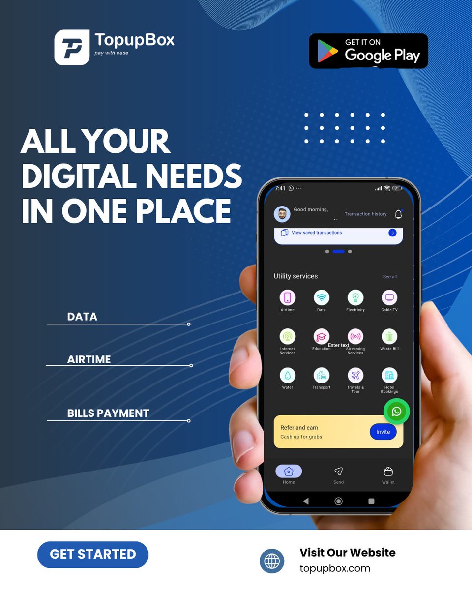 topupboxHQ's tweet photo. All your digital needs in one place 📱
Airtime, data, electricity, cable TV & more. TopupBox makes bill payments effortless. Pay with ease, anytime, anywhere.
📲 Get it on Google Play now!
#TopupBox #PayWithEase #BillsPayment #FinTech #DigitalPayment https://t.co/U4f4wrJfP2