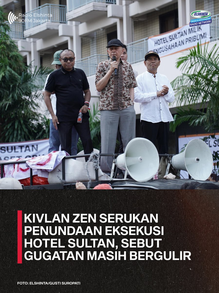 RadioElshinta's tweet photo. Mantan Kepala Staf Kostrad Mayjen TNI (Purn) Kivlan Zen berorasi saat pelaksanaan eksekusi lahan Hotel Sultan di kawasan Gelora Bung Karno (GBK), Jakarta, Kamis (18/6).

Dalam orasinya, Kivlan yang merupakan pelaksana ahli waris meminta pemerintah menunda pelaksanaan eksekusi. Ia menyebut eksekusi lahan Hotel Sultan tidak dilakukan karena masih berlangsung gugatan terkait kepemilikan lahan di Pengadilan Negeri Jakarta Pusat.

"Untuk itu, saya harap tidak dibacakan. Karena kalau dibacakan berarti Anda melawan hukum dalam situasi sengketa. Itu yang lama. Berdasarkan itu dapat hak pengelolaan, HPL," kata Kivlan Zen ketika berorasi di depan Hotel Sultan, Kamis (18/6).

Kivlan juga meminta aparat kepolisian dan TNI tidak memaksakan pelaksanaan eksekusi maupun bertindak represif terhadap massa. Ia menilai pelaksanaan eksekusi di tengah proses hukum yang masih berjalan berpotensi menimbulkan persoalan hukum baru. (FAR)
