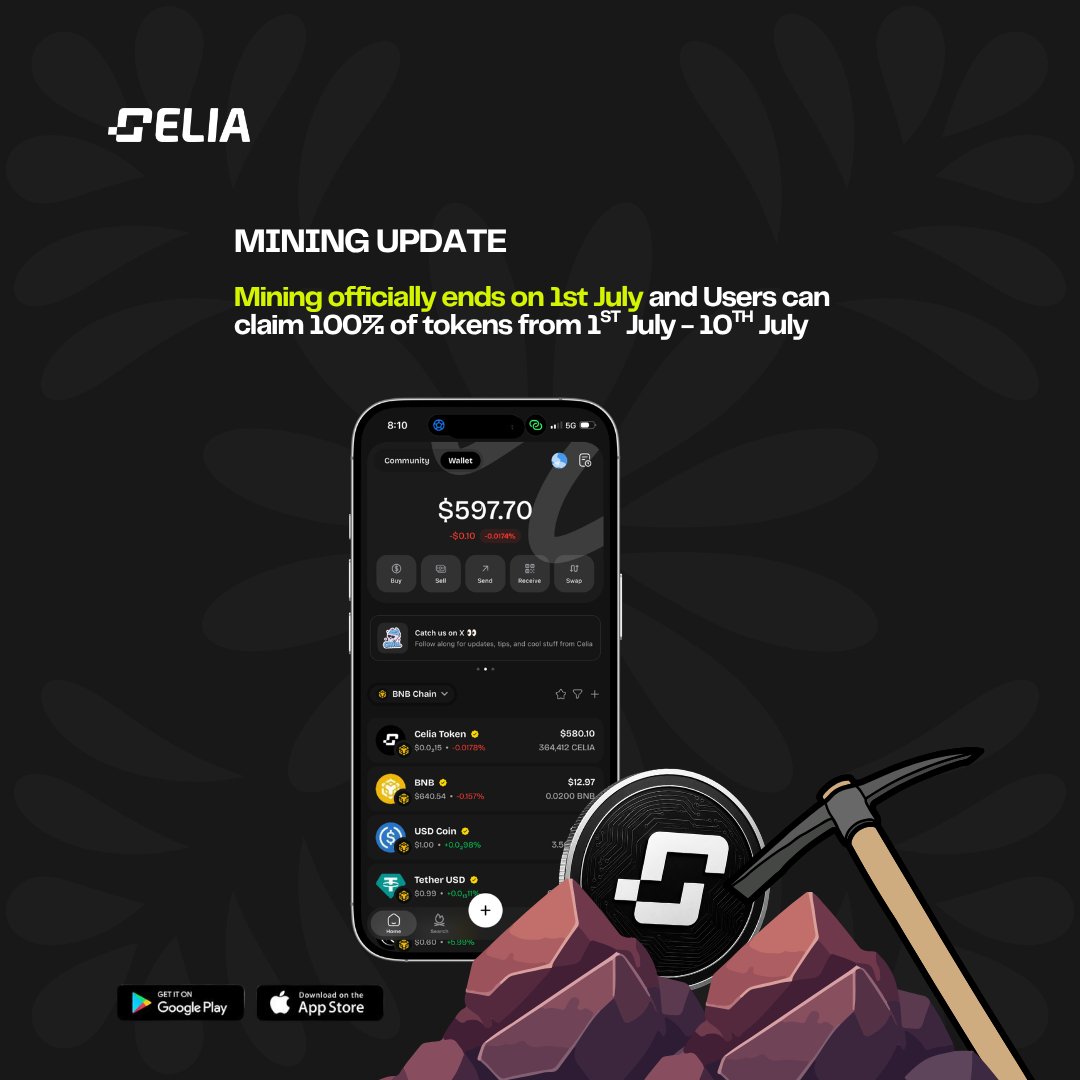 CeliaWallet's tweet photo. BIG NEWS, CELIANS! 🎉 

Mining ends on 1st July, and your 100% Token Claim window opens right after — July 1st to 10th!
Get ready to claim what's yours before the moon! 🚀 https://t.co/zNXBw1iySL
