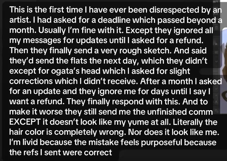 Kotorizell's tweet photo. I have never been so disrespected by an artist until today. I hate posting negativity but it has me livid with the fact the girl looks nothing like the refs I provided that I might just have to air out our whole interaction to prevent misunderstanding. https://t.co/QJ2aytKOp8