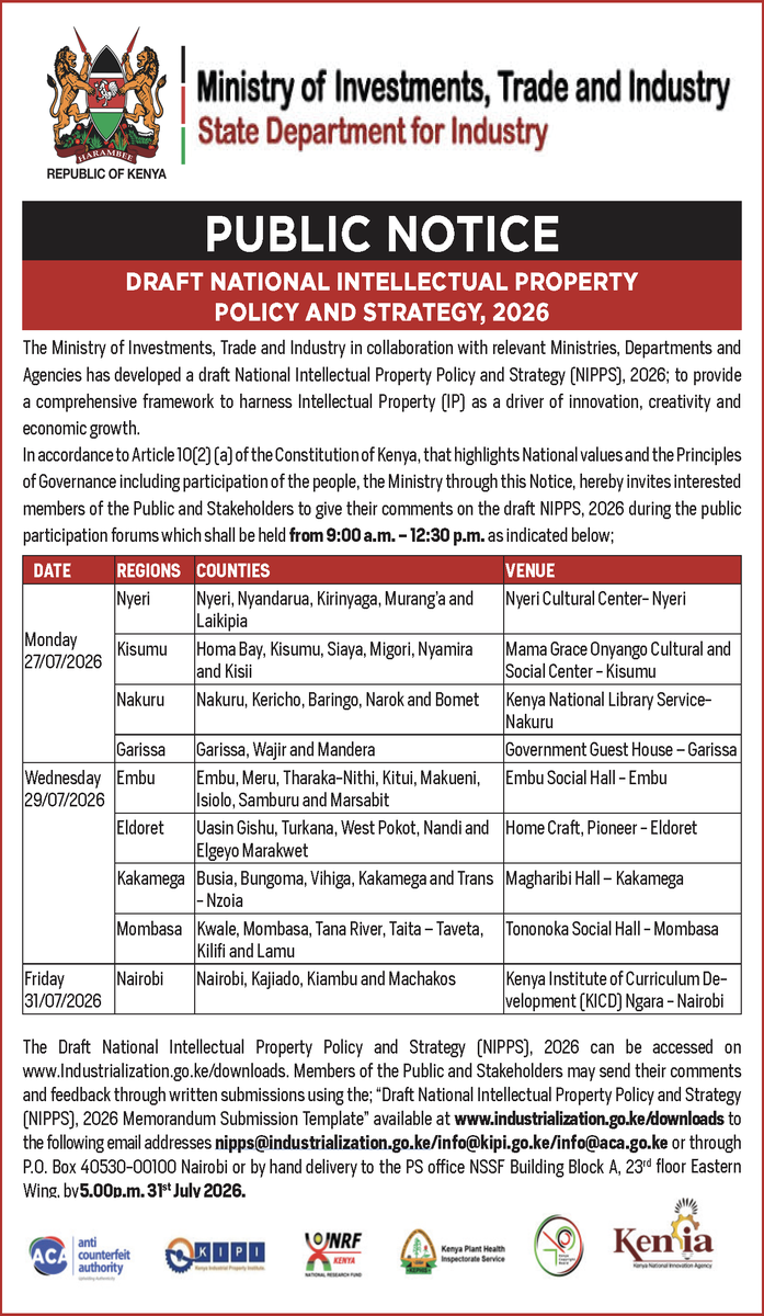 ACA_Kenya's tweet photo. The @MITIKenya , through the State Department for Industry @IndustryKE , has developed the Draft National Intellectual Property Policy and Strategy (NIPPS), 2026, aimed at strengthening the role of intellectual property in driving innovation, creativity, competitiveness and economic growth.

Members of the public, innovators, creators, researchers, industry players, rights holders, academia and other stakeholders are invited to participate in the regional public consultation forums and submit their views on the draft policy.

The Draft National Intellectual Property Policy and Strategy (NIPPS), 2026 and the Memorandum Submission Template can be accessed at:
 https://t.co/iiM0Blm1xF
📧 Written submissions may be sent to:
 nipps@industrialization.go.ke
 info@kipi.go.ke
 info@aca.go.ke