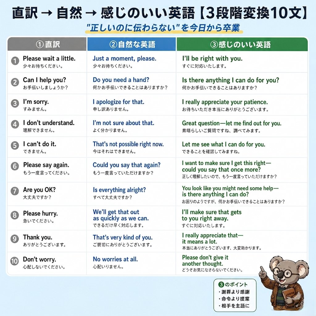 koala_3min_en's tweet photo. やってはいけない直訳英語、海外生活２年間前例がないほど損していました。正しいのに伝わらない。丁寧なのに冷たく聞こえる。その差はたった1フレーズ。直訳→自然→感じのいい英語、3段階で変わる10文のBefore/Afterを図解にしました。つまみ食い推奨、必要な表現１つだけ使ってください。 https://t.co/JbXxMXTRUN