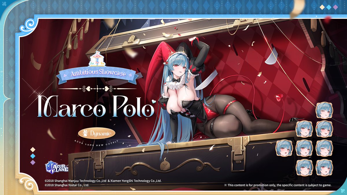 AzurLane_EN's tweet photo. ⛨Ambitious Showcase⛨

Welcome to Marco Polo's magic show! Make sure you watch closely, Commander, and pay attention! Don't get too engrossed in the entertainment, now! Ooohohoho!

RN Marco Polo is changing into her new Dynamic attire. She will grace your dock in the near future, Commander.

#AzurLane #Yostar