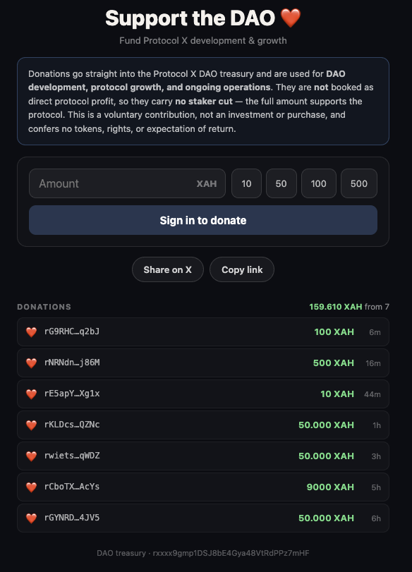 ekiserrepe's tweet photo. ❤️ Support @One_Xahau  

Every donation goes directly to the DAO treasury and helps fund development, ecosystem growth, and ongoing operations.

It's a contribution to help build the future of the Xahau ecosystem. Already 159,610 XAH donated.

If you believe in a stronger, more decentralized future for Xahau, consider contributing today. 

https://t.co/5eJ6oEaU2v