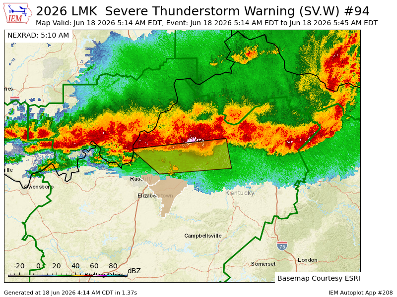 iembot_lmk's tweet photo. LMK issues Severe Thunderstorm Warning [wind: 60 MPH (RADAR INDICATED), hail: <.75 IN (RADAR INDICATED)] for Anderson, Bullitt, Franklin, Jefferson, Nelson, Shelby, Spencer, Woodford [KY] till 5:45 AM EDT https://t.co/6GvMOgclE1 https://t.co/GzYQDxQOmq