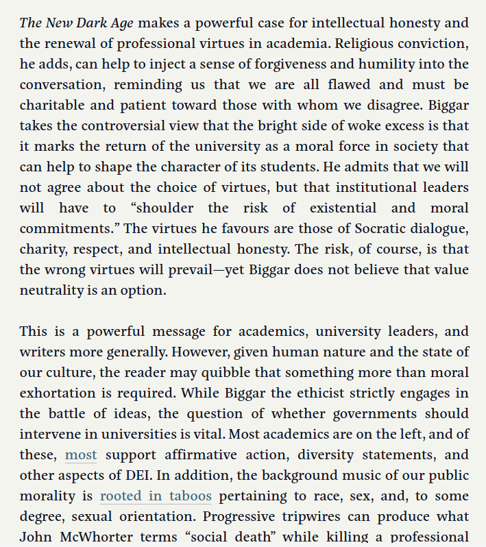 epkaufm's tweet photo. Emotional blackmail from woke activists and intellectual dishonesty from cowed liberals is killing academia, plunging us into an intellectual dark age.

My review of @NigelBiggar's must-read New Dark Age is now out at @LawLiberty https://t.co/QbJa1eE6Dq