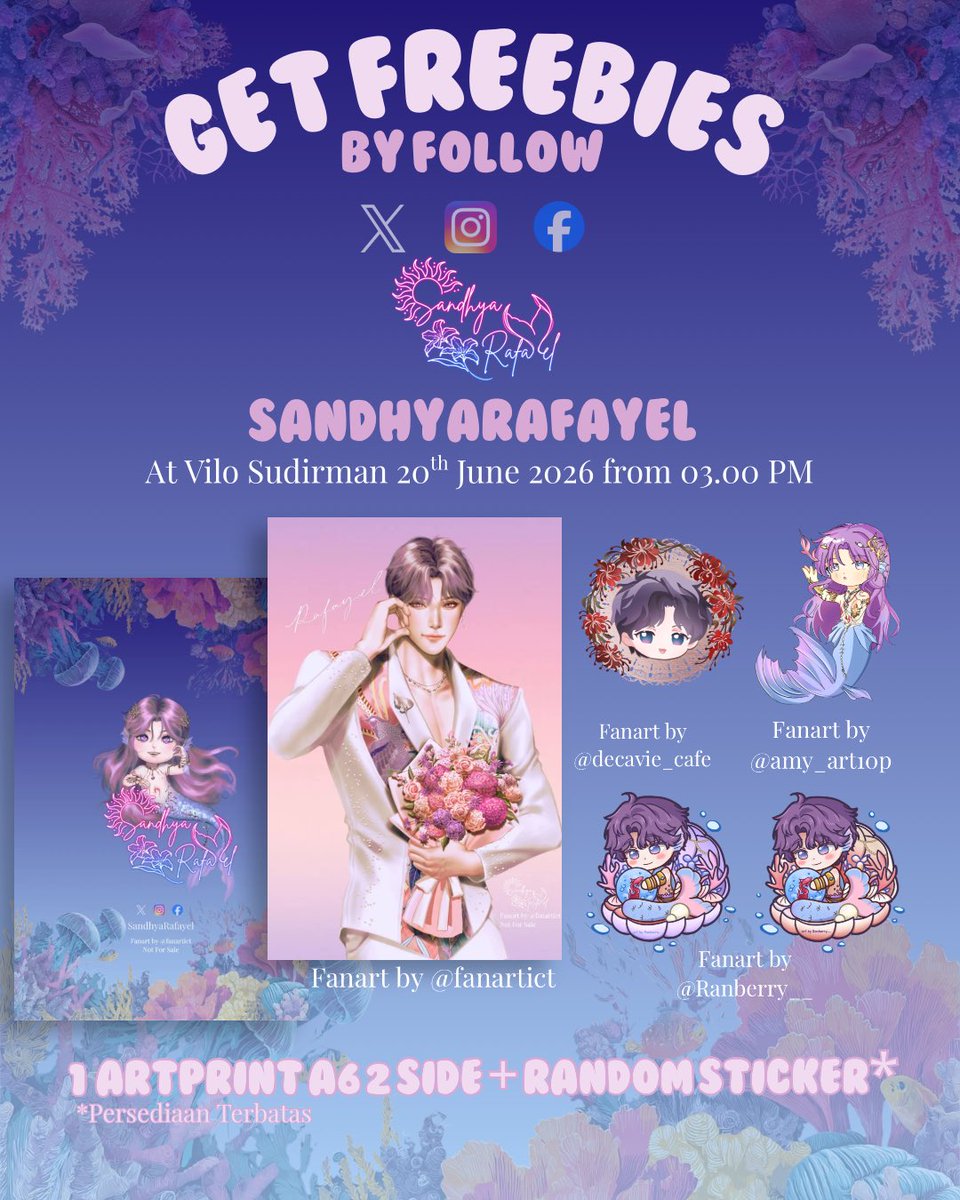 SandhyaRafayel's tweet photo. 🌊✨ FREEBIES ALERT ✨🌊

In collaboration with @whalefallprojec join us at the Cupsleeve Event at Vilo Gelato Dukuh Atas as we celebrate the first anniversary of our beloved Lemurian Sea God and the Coral Garden Tribute! 💙

Follow X/Instagram/Facebook SandhyaRafayel to receive:

🎁 1 A6 art print by @fanartict 
🎁 1 random sticker from various artists

Claim your freebies during the event while supplies last!

#WhalefallCityForRafayel2026
#LSG1stAnniversary #SandhyaRafayel #WhalefallProject