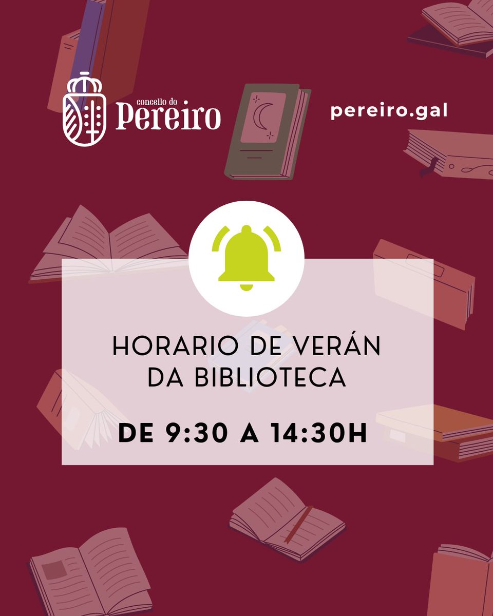 ConcelloPereiro's tweet photo. 📚 Horario de verán da biblioteca

A Biblioteca do Pereiro adapta o seu horario durante os meses de verán.

🕘 O horario de atención será de 9.30 a 14.30 h. https://t.co/QlSuZfQsrc