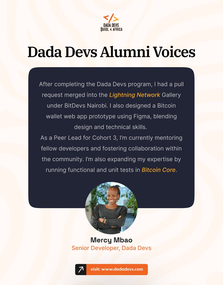 DadaDevs's tweet photo. @junearsenic7 journey is a reminder that learning Bitcoin development is only the beginning.

From contributing to open-source projects and designing Bitcoin products to mentoring other developers within the ecosystem, she continues to build, contribute, and grow her impact.

If you're an African female developer looking to take your first steps into Bitcoin development, Dada Devs Cohort 5 is now open for applications.

Join a community of women building real products, contributing to open source, and shaping the future of Bitcoin across Africa.

Apply here: https://t.co/jdYCrr8AnU

Know a female developer who should see this? Tag her below or share this post with her.

#DadaDevs #BitcoinDada #WomenInBitcoin #BuildOnBitcoin #OpenSource #WomenInTech
