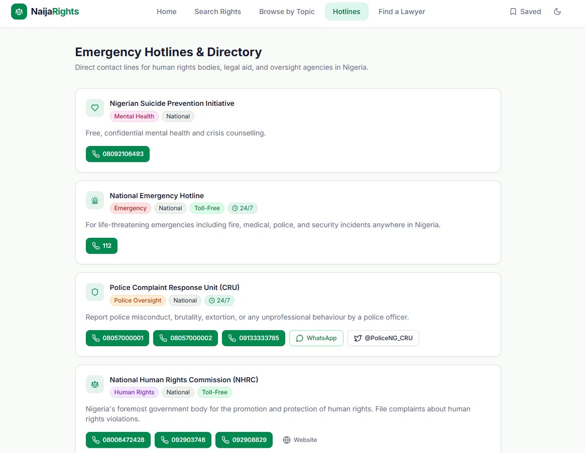 vantag_'s tweet photo. I've built NaijaRights with @base44! 
NaijaRights is a centralized digital utility designed for the Nigerian public to access, organize, and manage legal and emergency resources. 
https://t.co/azWoRgzy7S https://t.co/LO4Dj3Sx8O