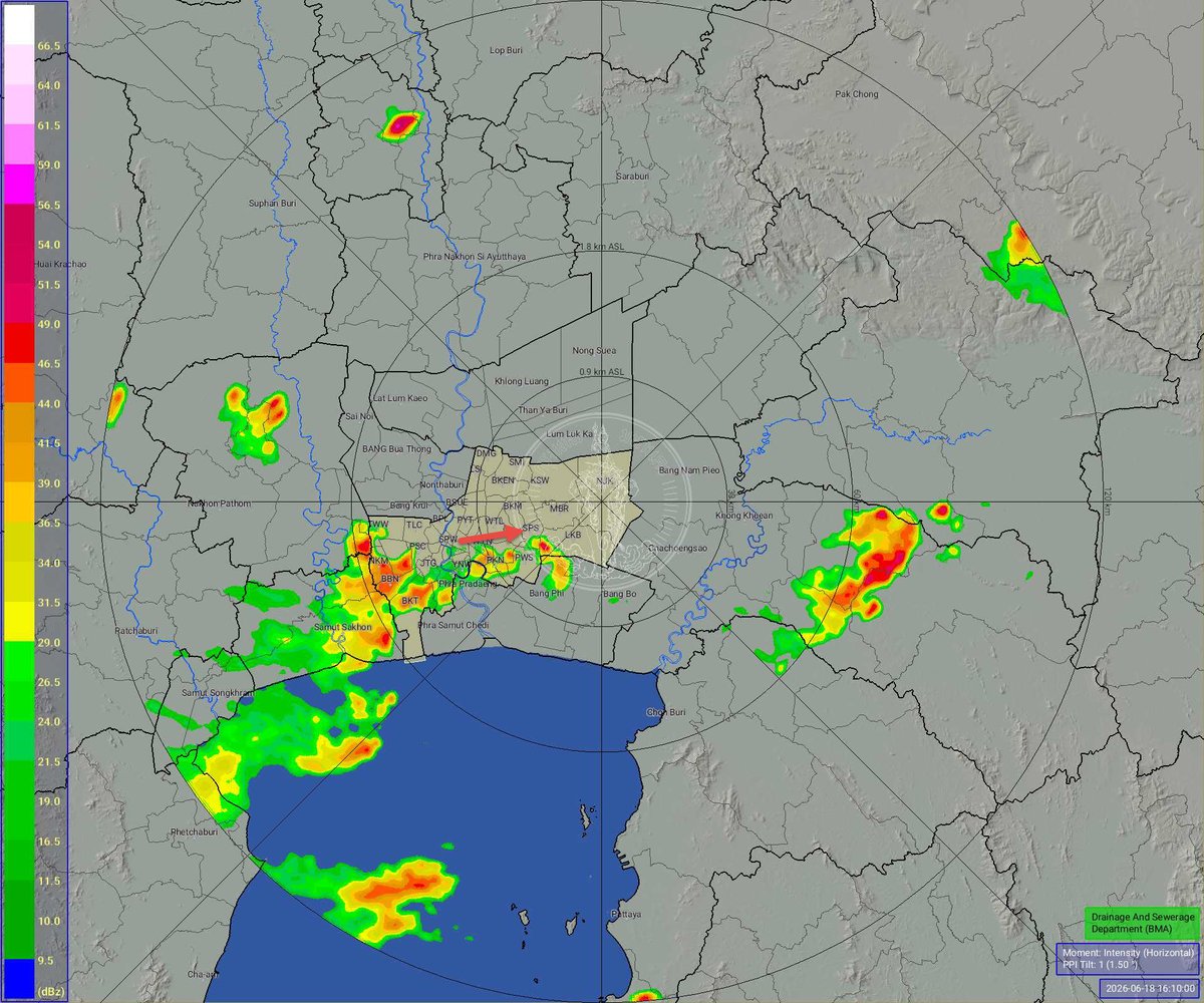 BKK_BEST's tweet photo. วันที่ 18 มิถุนายน 2569 เวลา 16.15 น./ ฝนเล็กน้อยถึงปานกลางเขตหนองแขม บางแค บางบอน บางขุนเทียนจอมทอง สาทร บางคอแหลม คลองเตย พระโขนง สวนหลวง เคลื่อนตัวทิศตะวันออก แนวโน้มคงที่ ปริมาณฝนสูงสุดที่เขตหนองแขม 19.5 มม. https://t.co/4TFl0lwsTw