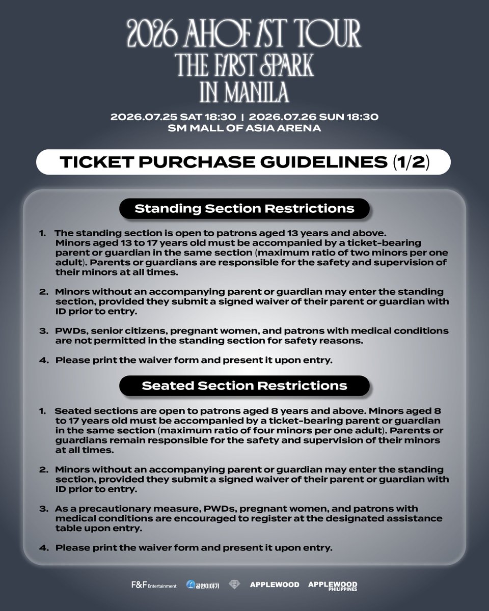 applewood_ph's tweet photo. ⏰ D-1 UNTIL TICKET SALES OPEN!

FOHA 💙 Are you ready? Ticket sales open tomorrow! 🎫✨

Before ticketing begins, please make sure to review the Ticket Purchase Details and Q&A Guide to help ensure a smooth ticket-buying experience.
Check the information carefully, prepare your account, and get ready to secure your spot with AHOF! 🌟

𝟐𝟎𝟐𝟔 𝐀𝐇𝐎𝐅 𝟏𝐒𝐓 𝐓𝐎𝐔𝐑: 𝐓𝐇𝐄 𝐅𝐈𝐑𝐒𝐓 𝐒𝐏𝐀𝐑𝐊 𝐈𝐍 𝐌𝐀𝐍𝐈𝐋𝐀
📅 2026.07.25 (SAT) 18:30
📅 2026.07.26 (SUN) 18:30
📍 SM MALL OF ASIA ARENA

🎫 Tickets On Sale : 2026/06/19 (FRI) 12PM PHT onwards
🔗 Ticketing Site :  
07.25 🔗https://t.co/Bm3yRtENGc 
07.26 🔗https://t.co/FycfsLnCsH 

#AHOF #아홉
#THE_FIRST_SPARK
#THE_FIRST_SPARK_IN_MANILA
#APPLEWOOD #APPLEWOODPH