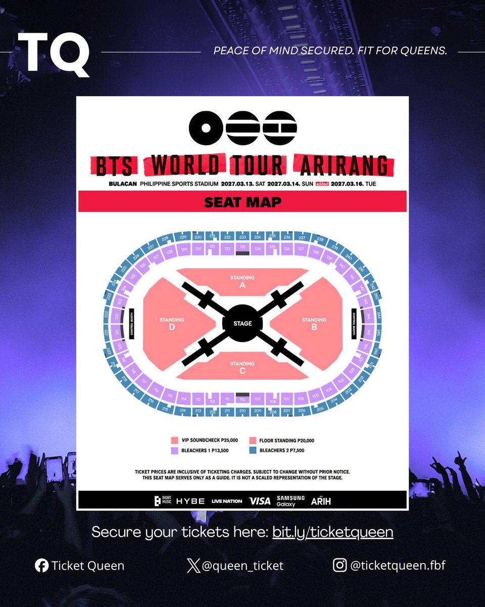 queen_ticket's tweet photo. BTS IN PH ADDED A NEW DATE! Get your assistance fit for a Queen. 💜

March 16, 2027

- ARMY Membership Presale: June 19, 9AM - 10PM
- General Onsale: June 20, 9AM

Your peace of mind is our priority. Sit back, relax like the Queen you are, and let TQ handle it.

- 100% success
- Guaranteed safety
- Maximum experience

BTS World Tour Arirang | March 13, 14, & 16, 2027, PH Sports Stadium, Bulacan

Open a ticket on our Discord to get started!
https://t.co/aLJMWYFFd7