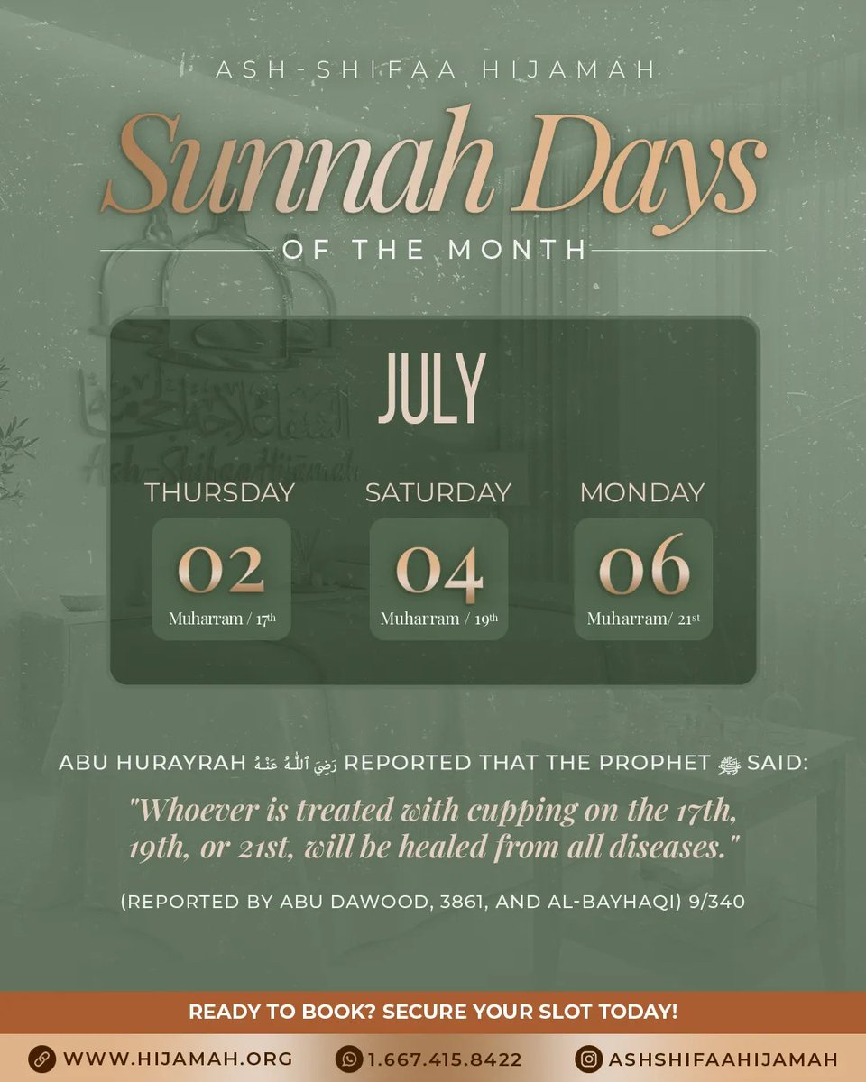 RahaBatts's tweet photo. Hijamah Appointments Available at Germantown Masjid’s Summer Seminar, in'shā-Allah @GtownMasjid 

Alhamdulillah, Ash-Shifaa Hijamah will be offering Hijamah (Cupping Therapy) services during the Germantown Masjid Summer Seminar from July 3–5, 2026.

This year’s seminar coincides with the recommended Sunnah days for Hijamah:

📅 July 2, 2026 — 17 Muharram
📅 July 4, 2026 — 19 Muharram
📅 July 6, 2026 — 21 Muharram

Whether you’re seeking relief from pain and tension, looking to support your overall wellness, or hoping to revive this beneficial Sunnah, we invite you to stop by and visit us.

✅ Male & Female Practitioners Available
✅ Walk-Ins Welcome (Limited Availability)
✅ Sunnah-Based Holistic Therapy
✅ Ask About Our Qist Al-Hind Capsules
✅ Ash-Shifaa Products Available for Purchase
✅ Know Your Deen®️ Islamic Trivia Games Available
✅ Honey, Black Seed Products, Talbina & More

📅 Reserve Your Hijamah Appointment:

https://t.co/gVhlw6eGia

🛍️ Ash-Shifaa Holistic Health Products will also be available for pickup during our visit. Place your order online and select "Pickup" at checkout:

https://t.co/7fj8Z4sSGP

📍 Germantown Masjid Summer Seminar
📆 July 3–5, 2026

The Prophet ﷺ said:

“Indeed, the best of medicines you have is cupping (hijamah).”

— Sahih al-Bukhari & Sahih Muslim

We look forward to seeing you there, bi’idhnillah.