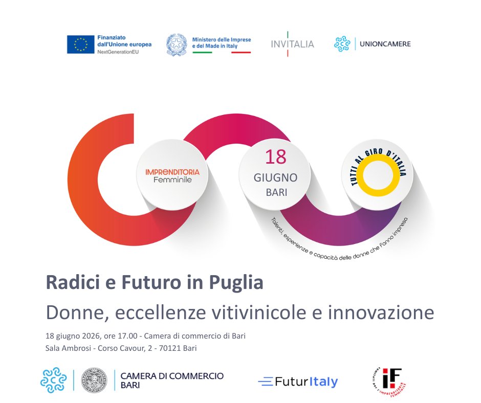 unioncamere's tweet photo. "Radici e futuro in #Puglia. #donne, eccellenze vitivinicole e #innovazione": questo il titolo della tappa di Bari del #GiroDonnedImpresa, in programma oggi alle ore 17. Interverrà anche Tiziana Pompei, vicesegretario generale di #Unioncamere e direttrice generale di @SiCameraSocial, su "Donne e sviluppo economico: i dati e il volto dell’imprenditoria pugliese". https://t.co/0BefMtRrSC