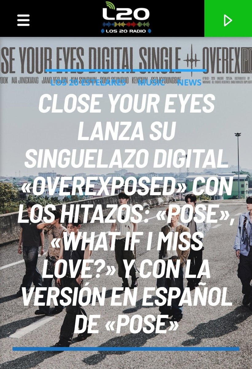 Los20Estelares's tweet photo. La banda K-pop CLOSE YOUR EYES (@closeyoureyes_7) lanza su Singuelazo Digital «OVEREXPOSED» con los Hitazos: «POSE», «What If I Miss Love?» y con la versión en español de «POSE» #UNCORE-Vía @Los20Radio ℹ️👇
🔗https://t.co/YVAVZFioS0
#Recomendado #CLOSEYOUREYES. #CYE #OVEREXPOSED https://t.co/345StWbWdU