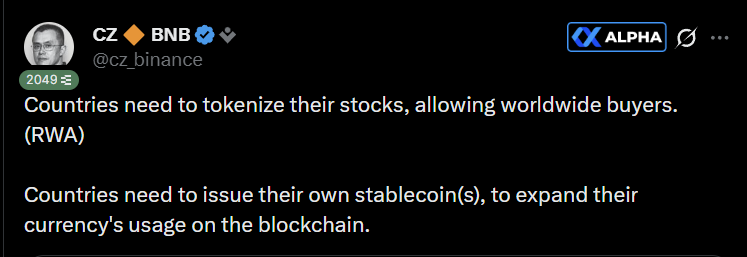 TFI_Insight's tweet photo. Will governments actually tokenize their stock markets and launch national stablecoins?🤔

• Tokenized stocks would allow borderless trading with instant on-chain settlements

• National stablecoins could bring real currencies onto blockchains

• RWA sector already past $30 billion excluding stables

• Binance bStocks giving 24/7 access to tokenized Nvidia and Tesla on BNB Chain

• Stablecoins already used by around 36 percent of emerging market users

• MiCA and GENIUS Act clearing the regulatory path

• Voting rights still the main thing left to sort out

On-chain markets are coming either way

Governments that move first will have the advantage.

What's more?