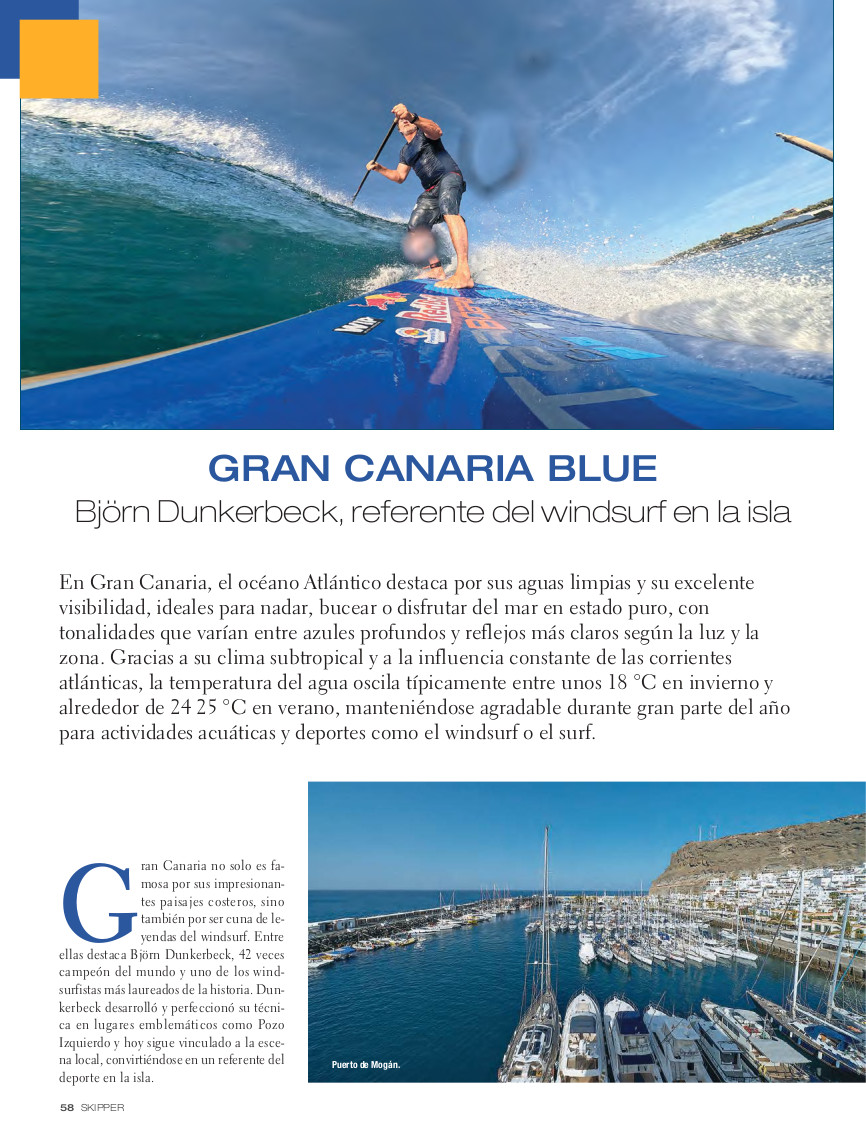 grancanariablue's tweet photo. La revista Skipper entrevista a Björn Dunkerbeck, 42 veces campeón del mundo, que destaca a #GranCanaria como el destino náutico definitivo los 365 días del año 🏄♂️
Pues leerlo aquí 👇
#GCBlue https://t.co/ROCuMnrTQF
