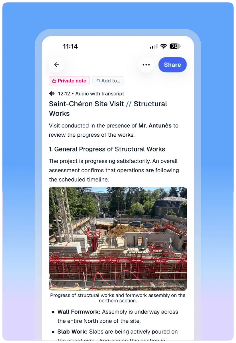 there_hq's tweet photo. Small but powerful update: new “Share” button on mobile!

Send site visit reports or meeting notes in seconds — no need for your contacts to have a ‘There’ account.

- Read/write access for your team
- Simple shareable links for externals (clients, contractors…)

Tried it yet? https://t.co/bbQwqPVXmD