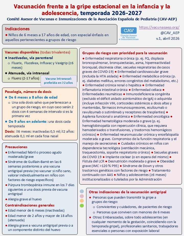 CAV_AEP's tweet photo. 🔊VACUNACIÓN FRENTE A LA GRIPE ESTACIONAL EN LA INFANCIA Y LA ADOLESCENCIA, RECOMENDACIONES DEL CAV-AEP para la temporada 2026-2027.
👇
https://t.co/nwwdLfejFh https://t.co/OGVlgMDM9b
