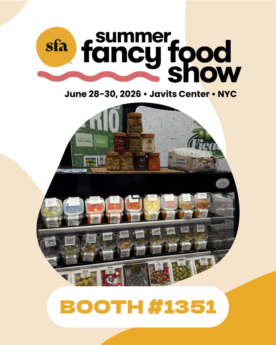 FicacciOlive's tweet photo. Join us at the Summer Fancy Food Show,
organized by the Specialty Food Association, and discover our fresh olive range🫒 

⏰ June 28-30
🌎 Javis Center • NYC
📍 Booth #1351 https://t.co/QsfPcd3bXQ