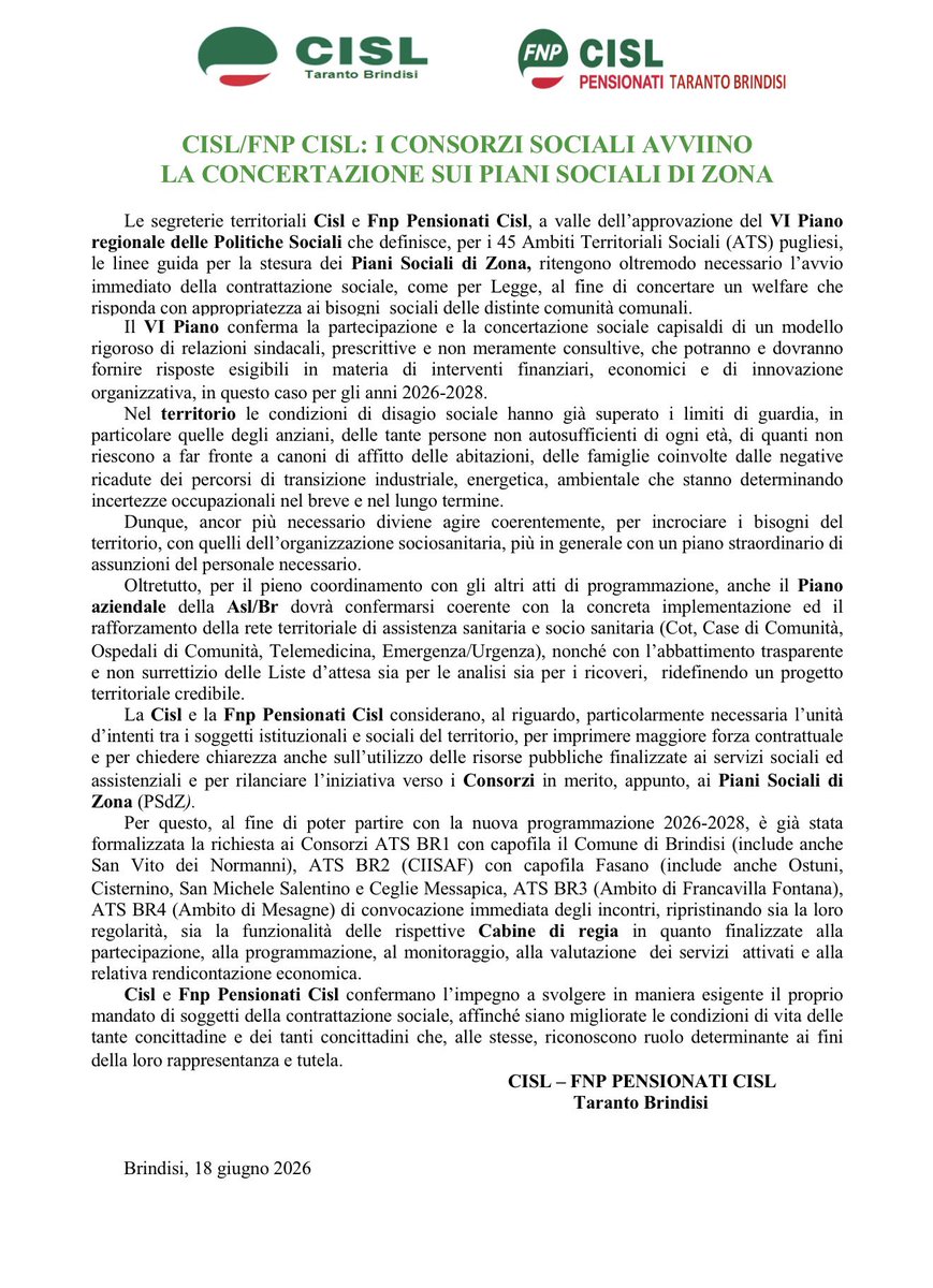 CislTaBr's tweet photo. CISL/FNP CISL: I CONSORZI SOCIALI AVVIINO LA CONCERTAZIONE SUI PIANI SOCIALI DI ZONA🟢

👉🏻https://t.co/fdwOxuuO4Z

👉🏻https://t.co/No9dOyWsnU

#CISL #USTCISLTarantoBrindisi #USTCISL #CISLTarantoBrindisi #TarantoBrindisi https://t.co/isGD2BaL1i