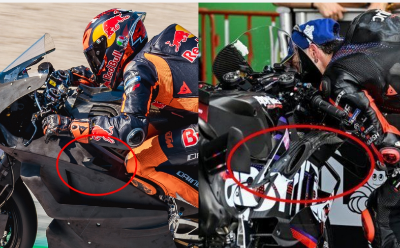 RuizSantaclara's tweet photo. 🚨 OJO A KTM: su nueva MotoGP 850 ha aparecido en los test de Misano con una extraña toma de aire situada casi en el mismo punto que el F-Duct de Aprilia.

La probaron Pol Espargaró y Dani Pedrosa. No está confirmado que sea el mismo sistema, pero todo apunta a que KTM ya experimenta con soluciones para reducir la resistencia aerodinámica en recta.

Foto y enlace a GPone
https://t.co/gHJboqjsj1
