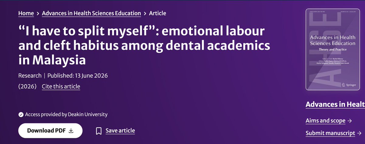 AERABourdieuSIG's tweet photo. Rath & Aitken 2026 '“I have to split myself”: emotional labour and cleft #habitus among dental academics in Malaysia'
(https://t.co/tkZq9AmKU4) @springer1842 #sociology https://t.co/4ymz0Olo5o
