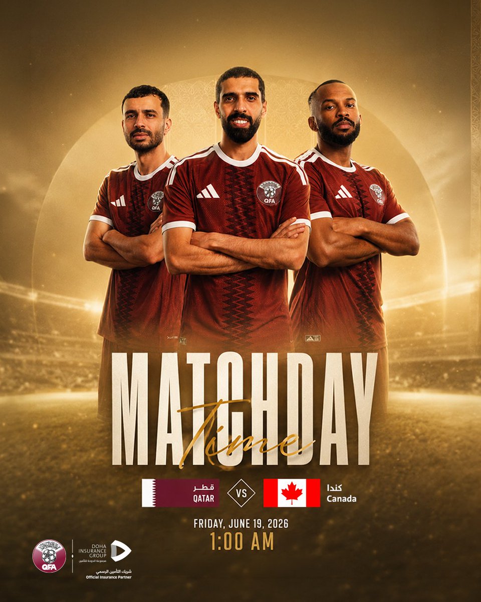 DohaInsuranceCo's tweet photo. 🔴⚽️ يوم المباراة! 
🇶🇦 مواجهة حاسمة لـ #العنابي في كأس العالم 🏆

⚽️| قطر 🆚 كندا 🇶🇦🇨🇦 
 🗓️| الجمعة، 19 يونيو 2026 
⏰| 01:00 صباحاً (بتوقيت الدوحة)
🏟️| استاد بي سي بليس، فانكوفر

لا تفوتوا متابعة التغطية
كل التوفيق لمنتخبنا الوطني! 🇶🇦🔥

#علمنا_عالي #قطر_كندا #كأس_العالم

🔴⚽️ Matchday! 🇶🇦 A crucial battle for AlAnnabi at the #FIFAWorldCup 🏆.

⚽️| Qatar 🆚 Canada 🇶🇦🇨🇦 
 🗓️| Friday, 19 June 2026 
⏰| 01:00 AM (Doha Time) 
🏟️| BC Place Stadium, Vancouver

Best of luck to our national team! 🇶🇦🔥

#AllForQatar #QatarCanada #FIFAWorldCup