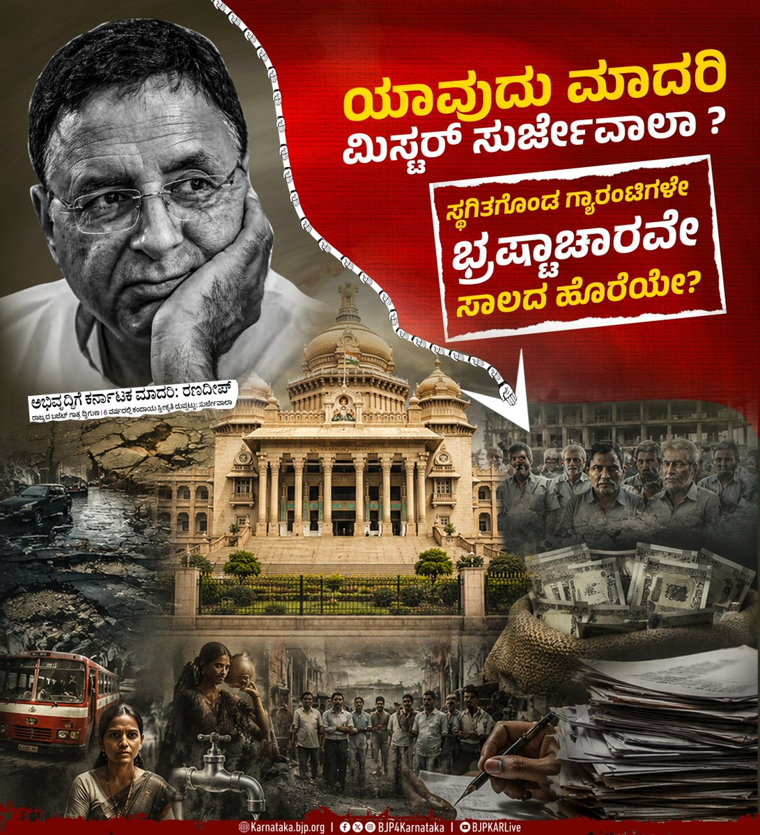 BJP4Karnataka's tweet photo. ಕರ್ನಾಟಕ ಕಾಂಗ್ರೆಸ್ಸಿನ ಉಸ್ತುವಾರಿ @rssurjewala ದೇಶಕ್ಕೆ ಕರ್ನಾಟಕ ಕಾಂಗ್ರೆಸ್‌ ಸರ್ಕಾರ ಮಾದರಿ ಎಂದು ಭಾರೀ ಪ್ರಶಂಸೆ ವ್ಯಕ್ತಪಡಿಸಿದ್ದಾರೆ. ಯಾವ ಅಭಿವೃದ್ಧಿ ನಡೆದಿದೆ, ನಡೆಯುತ್ತಿದೆ ಎಂಬುದನ್ನು ಸುರ್ಜೇವಾಲಾ ಅವರೇ ಹೇಳಬೇಕಷ್ಟೇ.

ಗ್ಯಾರಂಟಿಗಳು ಸ್ಥಗಿತಗೊಂಡಿವೆ, ರಸ್ತೆ ರಿಪೇರಿಗೂ @DKShivakumar ಸರ್ಕಾರದ ಬಳಿ ಹಣವಿಲ್ಲ, ಹೊಸ ಯೋಜನೆಗಳನ್ನು ಘೋಷಿಸಿಲ್ಲ, ಜನರ ಮೇಲೆ ಸಾಲದ ಹೊರೆ ಹೊರಿಸಲಾಗಿದೆ, ಗ್ಯಾರಂಟಿಗಳಷ್ಟೇ ಜನಕಲ್ಯಾಣ ಯೋಜನೆ ಎಂದು ಬಿಂಬಿಸಲಾಗುತ್ತಿದೆ, ಭ್ರಷ್ಟಾಚಾರ ಮಿತಿ ಮೀರಿದೆ. ಇದಕ್ಕಾಗಿ @INCKarnataka ಆಡಳಿತ ಮಾದರಿಯಾಗಬೇಕೇ?

#CongressLootsKarnataka
#CongressFailsKarnataka
