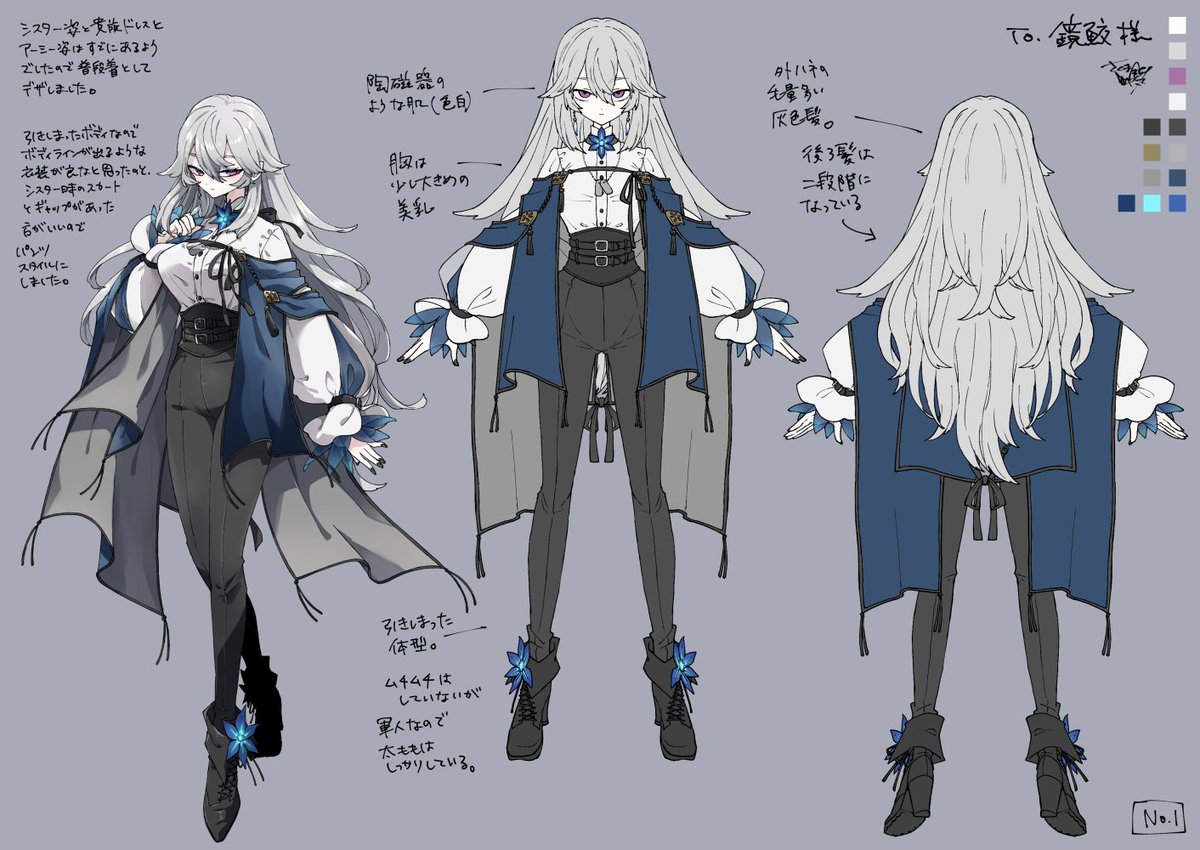 SakumaGinmaru's tweet photo. 【skeb依頼】鏡鮫さん宅のベーフェデルちゃんをキャラデザさせていただいた時のやつです～💙🤍
マントとお袖かわいくて好き～＾＾ https://t.co/L8EwJEtQ4A