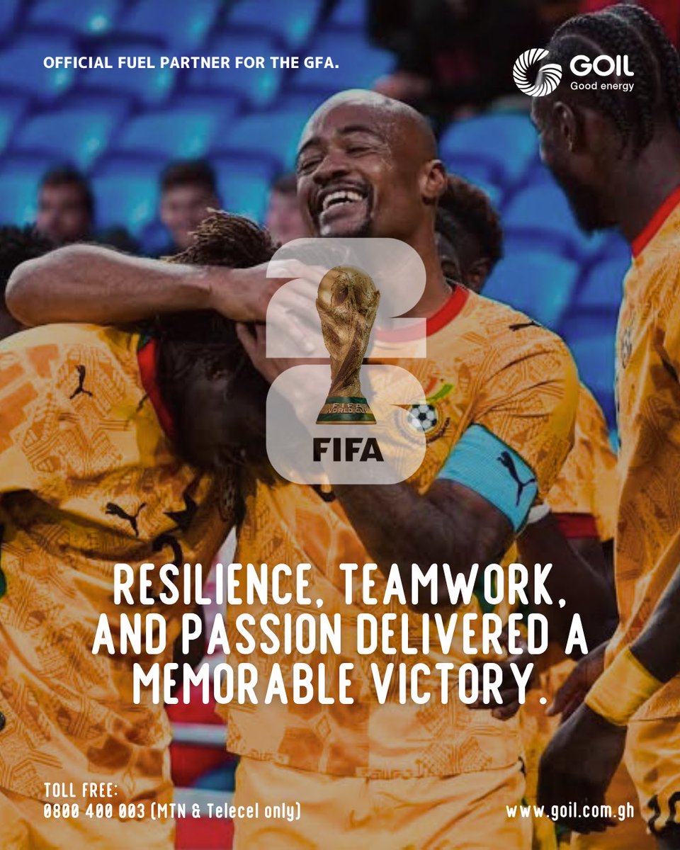 GOIL_Official's tweet photo. This is what victory feels like! 🇬🇭

A nation united. A dream alive. A flag flying higher than ever.

Thank you, Black Stars, for your resilience, determination, and fighting spirit. You have made Ghana proud and reminded us what it means to believe until the very last whistle.

As the Official Fuel Partner of the Ghana Football Association, we are proud to keep Fueling the Dream as our heroes march on during the FIFA World Cup 2026.

Good Energy for the Black Stars. Good Energy for Ghana.

#GoodEnergy #OfficialFuelPartnerOfGFA #WorldCup2026 #BlackStars #ProudlyGhanaian