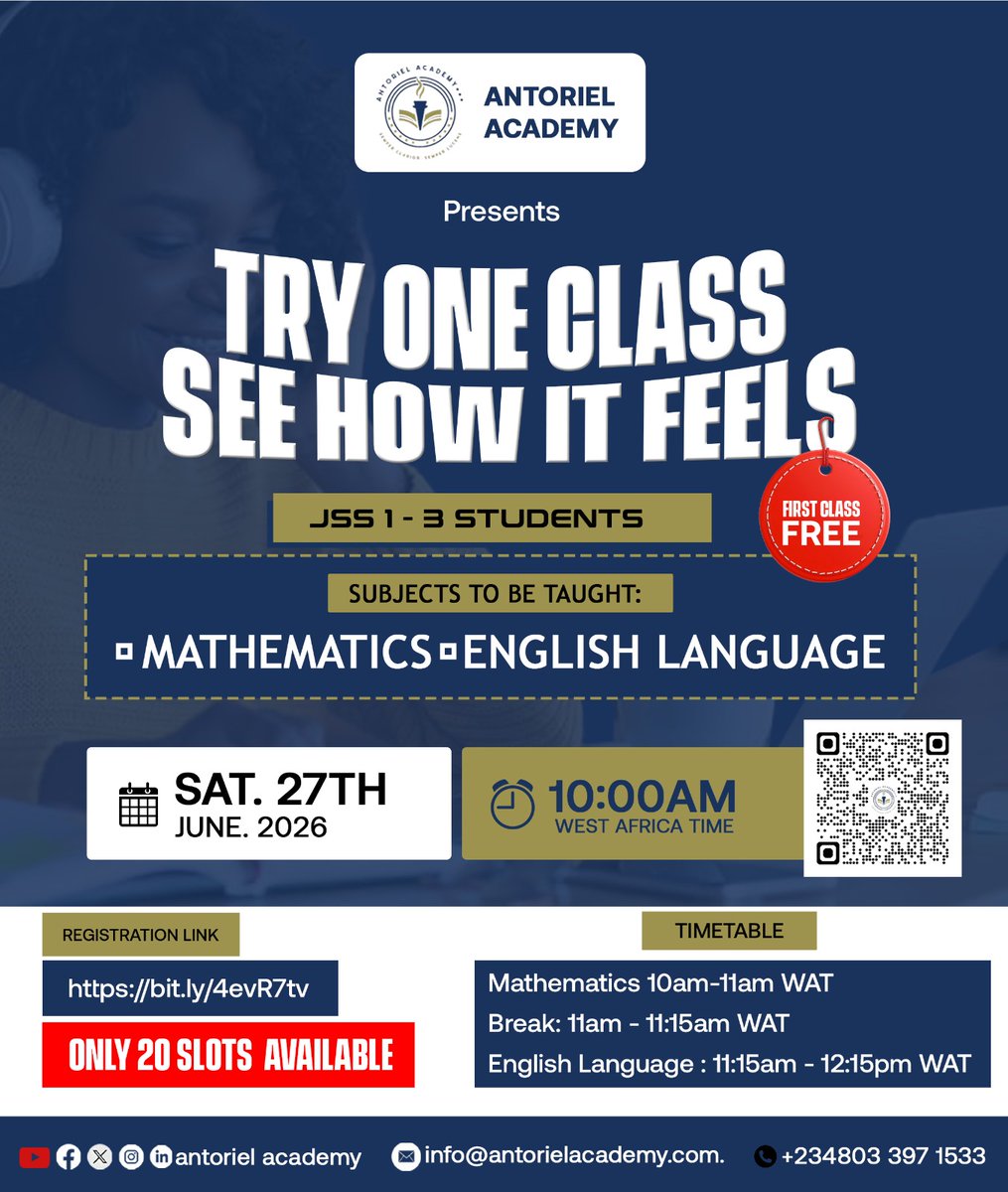 enniejoedt's tweet photo. Do you have a child in JSS1 -JSS3?
We can’t wait to meet your family and help your child build confidence in these vital subjects!
Register here: https://t.co/OIzjMUpaQE
#AntorielAcademy #FreeLearning #MathAndEnglish #AcademicExcellence https://t.co/dWQizaWIOT