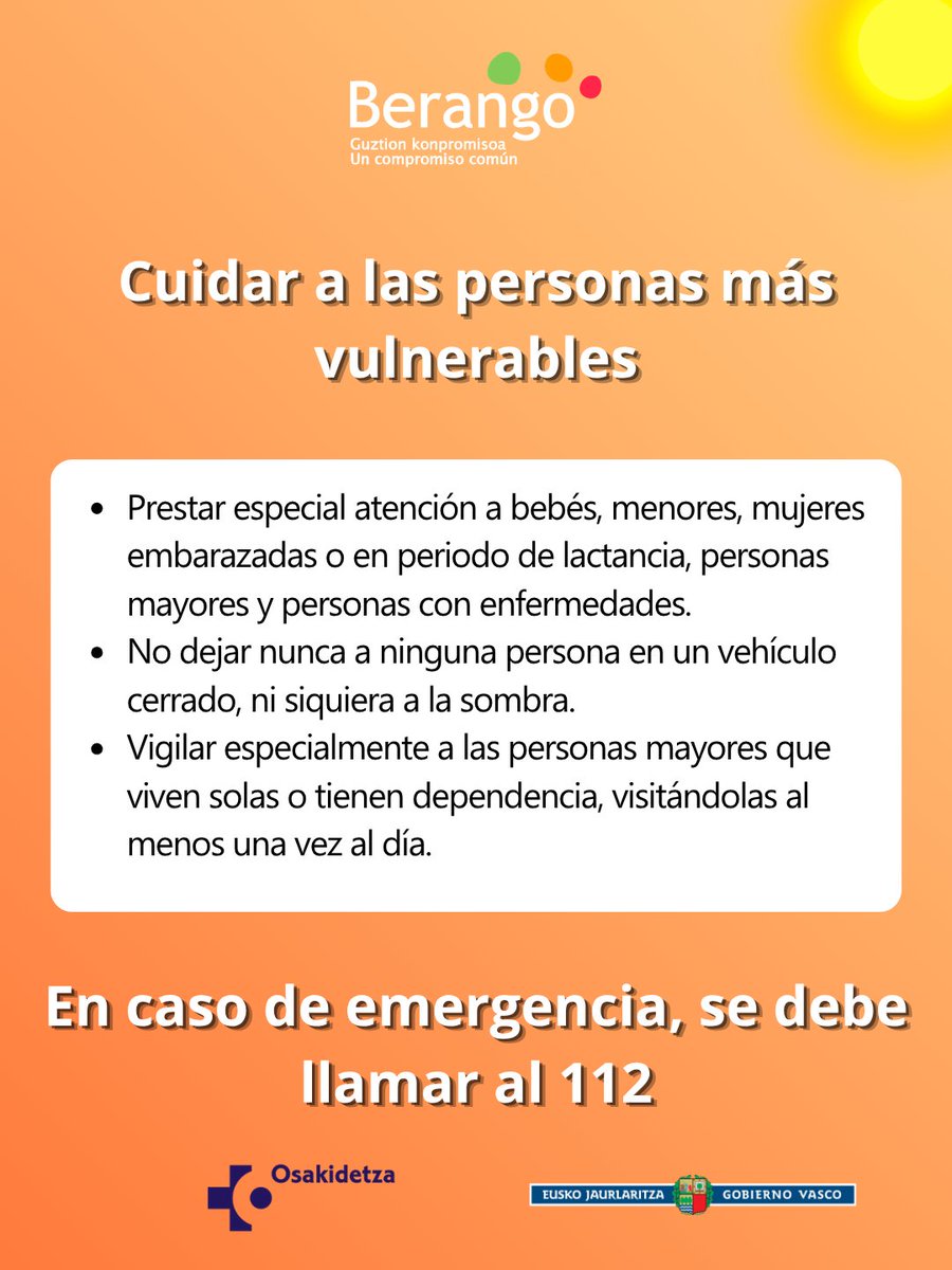 BerangokoUdala's tweet photo. 🥵✅ Ante la nueva ola de calor en la que nos encontramos, recordamos algunas de las medidas recomendadas por el Departamento de Salud del Gobierno vasco para protegernos, especialmente a las personas de más riesgo, como ancianos, lactantes y menores de 4 años, etc.
#berango https://t.co/z02tC91U0H