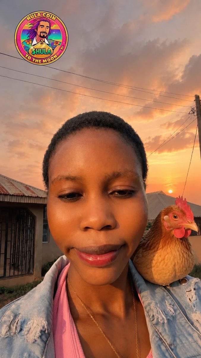 ola_bashy350945's tweet photo. @hulaisland As the sun set in golden colors, i stepped outside with my loyal chicken, Koko. I gently placed Koko on my shoulder and smiled. The warm sky reminded me that even after hard days, there is always beauty and hope.
  I'm happy  just like Zen the Hula Chicken. 
 #ZenSunsetContest https://t.co/NnyWpZORY7
