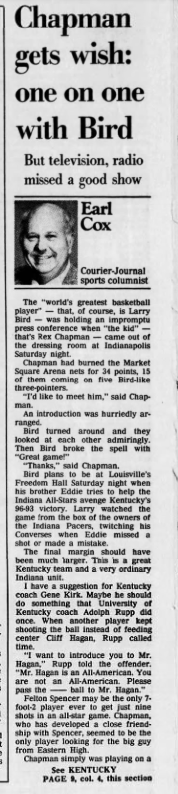 KYHSHistory's tweet photo. Rex met Bird (Larry) at the KY-IN All Star game this week in 1986. Earl Cox had the story and predicts Rex will start in the fall for UK. https://t.co/fME8bqtlw1