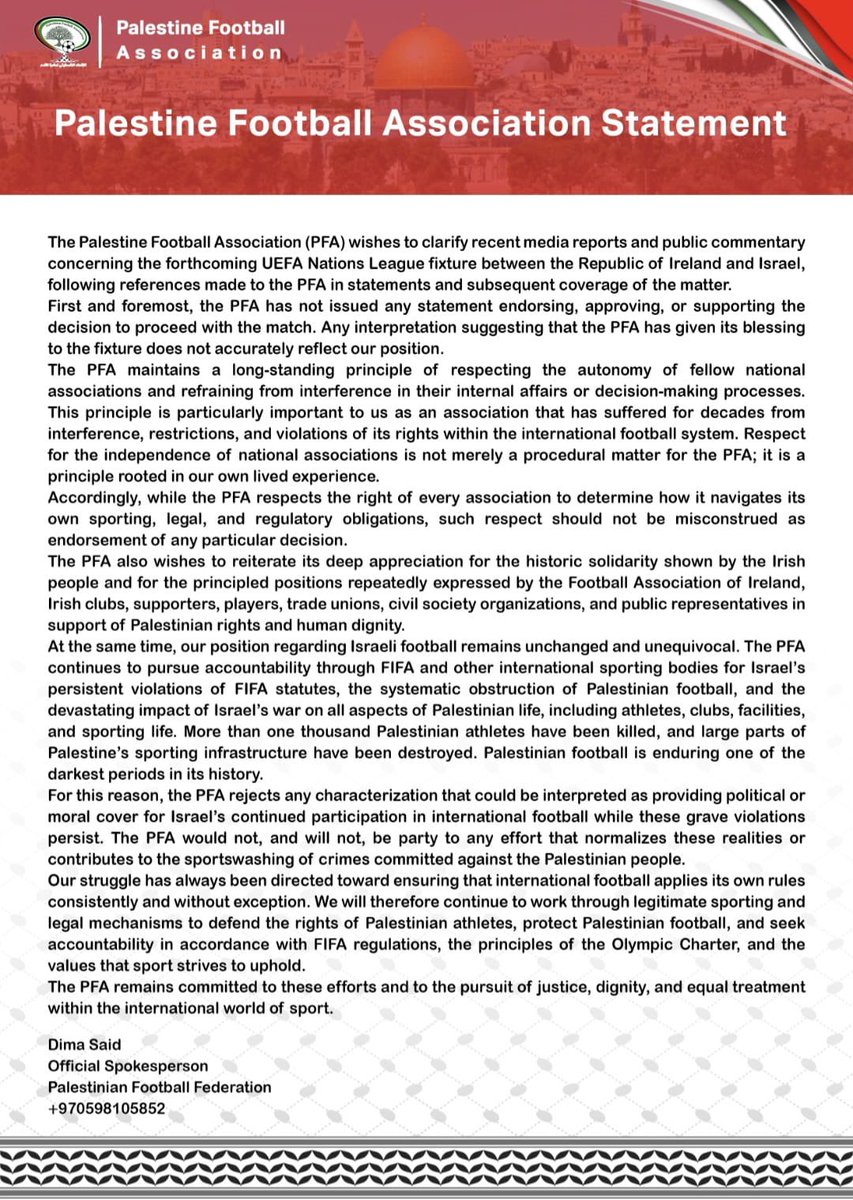 dlLambo's tweet photo. FAI seeking PFA cover was shameful.

“Any interpretation suggesting that the PFA has given its blessing to the fixture does not..reflect our position.

The PFA would not..be party to any effort that normalises the sportwashing of crimes committed against the Palestinian people.” https://t.co/dcN9vagL0K