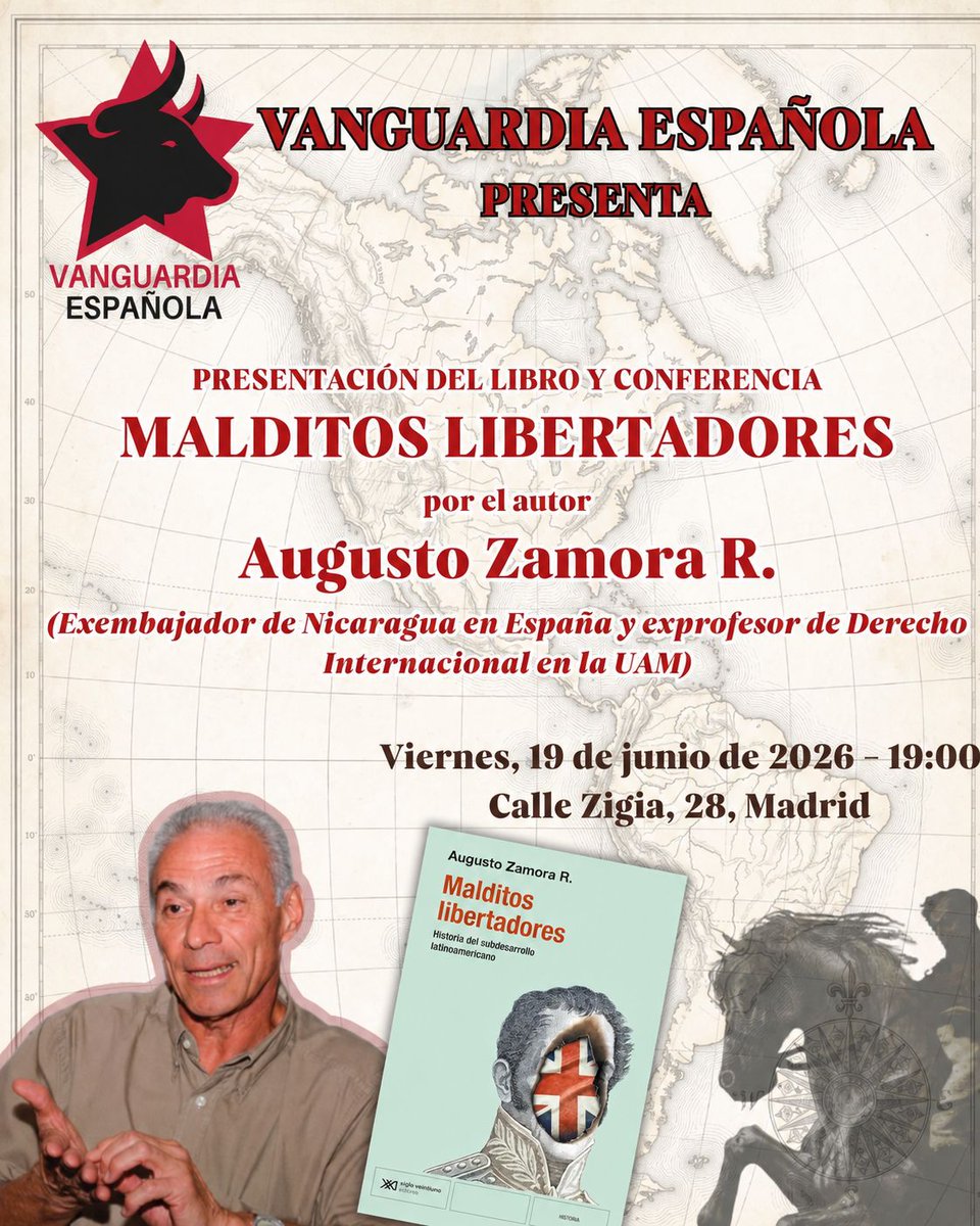 armesillaconde's tweet photo. Vanguardia Española @VanguardiaEspa presenta:
Si sueñas con una Iberoamérica unida, soberana y socialista, te animo a asistir a la conferencia que el profesor Augusto Zamora va a impartirnos, a propósito de su libro "Malditos Libertadores. Historia del subdesarrollo latinoamericano"
Será el *próximo viernes 19 de junio, a las 19:00 horas,* en el Centro Cultural de la Calle Zigia 28, Metro Pueblo Nuevo (línea 5). Hemos puesto tiempo, ilusión y esfuerzo para ofreceros este acto, así que si te tomas un momento para difundir la convocatoria entre tus amigos, sería muy de agradecer.¡Un abrazo! 😊🙏