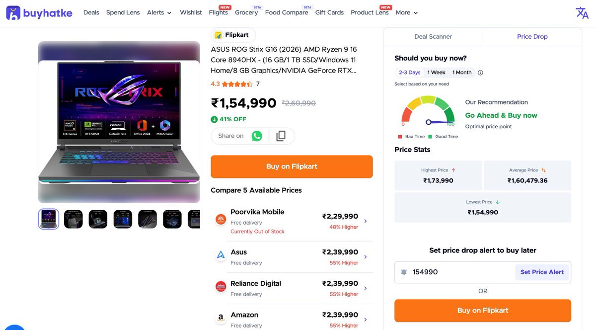 BuyHatke's tweet photo. EPIC HATKE STEAL ALERT!

ASUS ROG Strix G16 (2026) AMD Ryzen 9 (16GB/1TB SSD/RTX 5050) at ALL-TIME LOW ₹1,54,990 on Flipkart!

Highest: ₹1,73,990 
Lowest: ₹1,54,990 (41% OFF) 🔥

Deal Score: gaming beast at its lowest ever price 🤤 https://t.co/RS3EbuU5vc