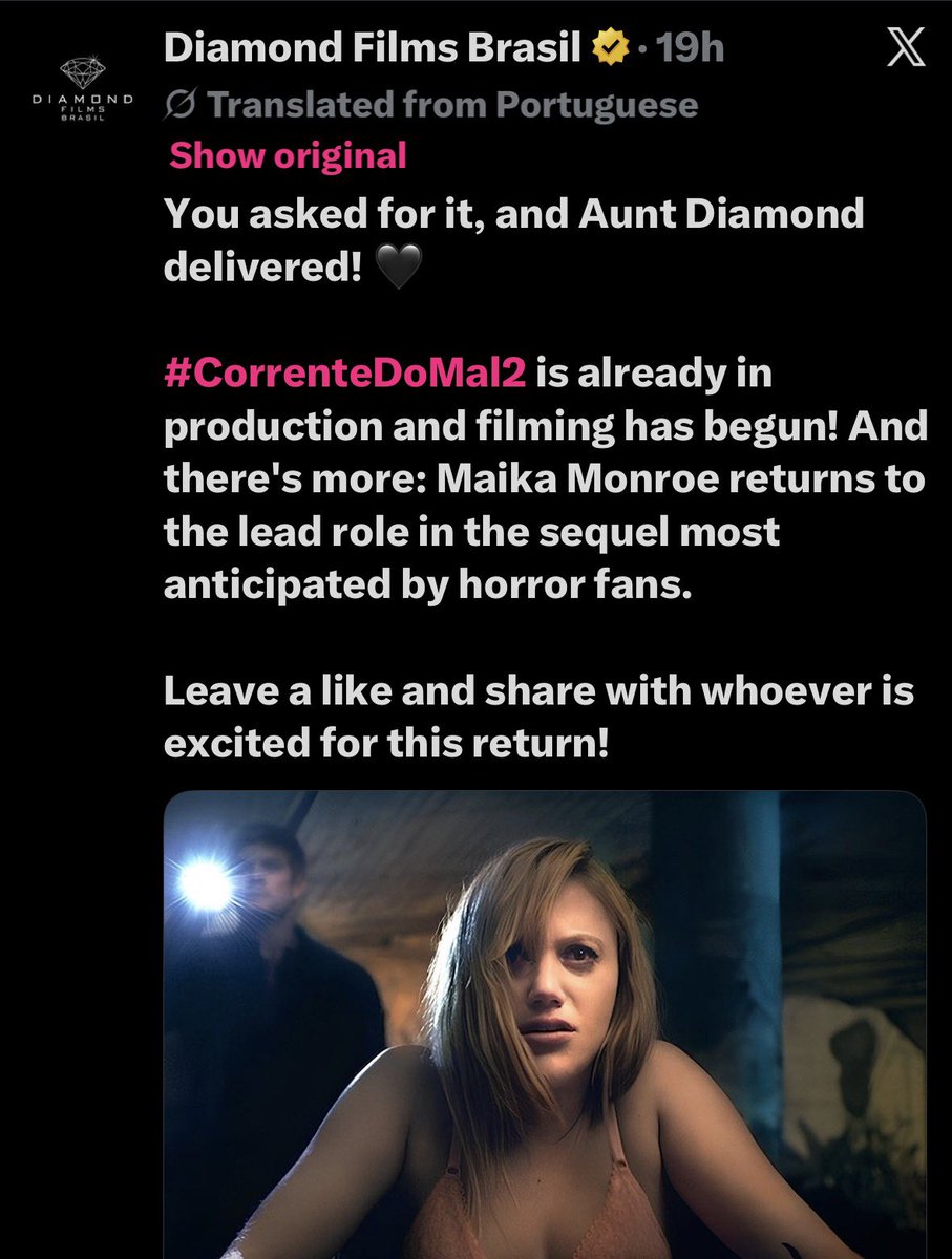 TeamMaikaMonroe's tweet photo. According to the distributor, ‘THEY FOLLOW’ has already begun filming? https://t.co/u8luCi9rBZ