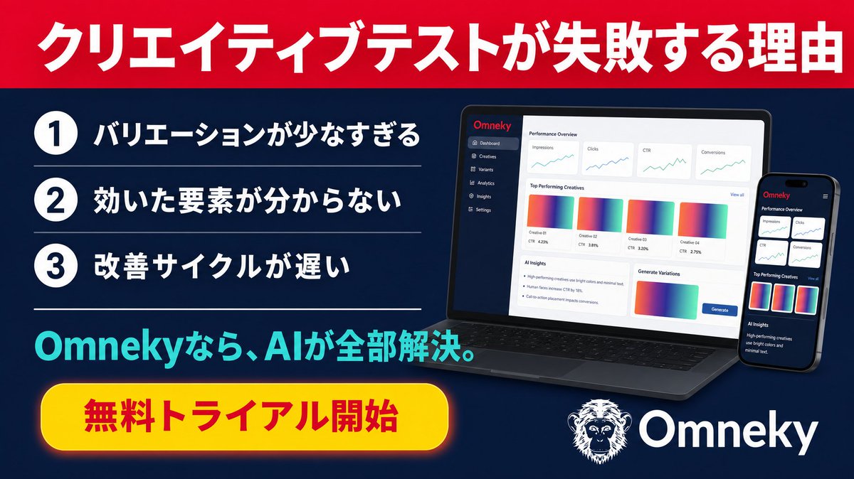 j_omneky's tweet photo. ✍️ 「クリエイティブテストで失敗する3つの理由」

1️⃣ バリエーションが少なすぎる
2️⃣ どの要素が効いたか分からない
3️⃣ 改善サイクルが遅い

Omnekyなら、AIがペルソナ・色・メッセージ・
トーンを自動で最適化。

テストを「勘」から「科学」へ。

#クリエイティブ最適化 #デジマ #AIマーケ https://t.co/AOQWla5Fzi