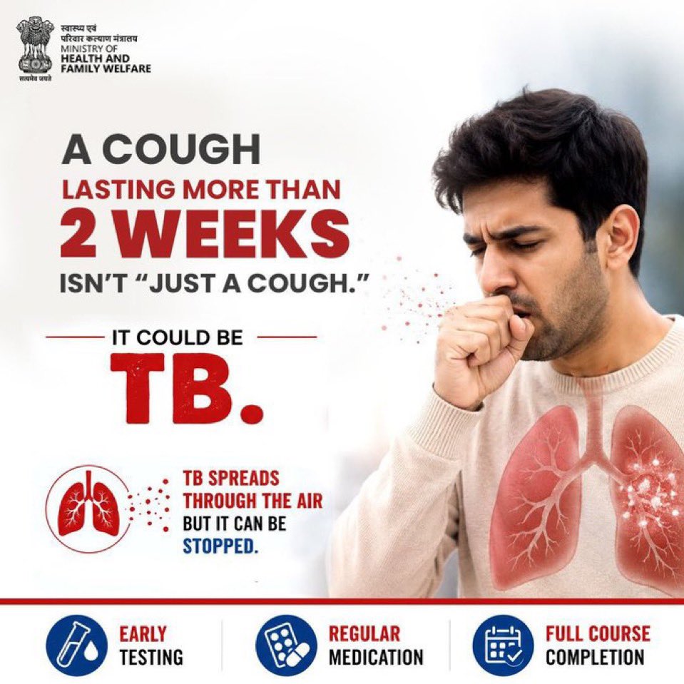 RailwayNorthern's tweet photo. A cough lasting more than two weeks, fever, weight loss, or night sweats could indicate TB.

TB is curable, and early detection is key to stopping its spread. Free testing and treatment are available.

Don’t delay, get tested, complete your treatment, and help build a TB-Free India.

#TBMuktBharat
#EndTB