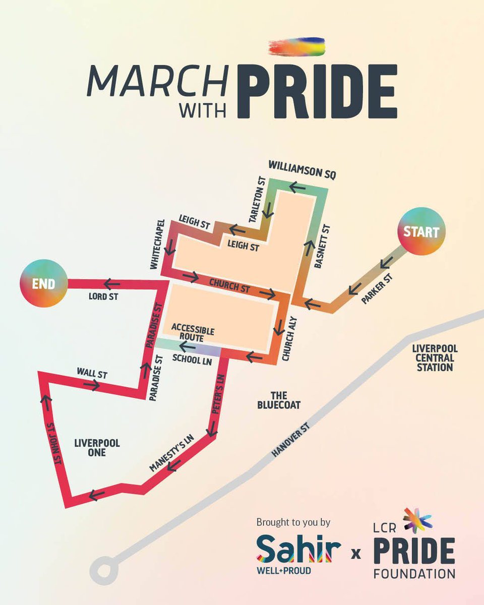 LCRPride's tweet photo. The Liverpool Pride 2026 March Route is here! 🏳️‍🌈
📅 Sat 25 July
📍 Clayton Sq to Lord St
♿️ Fully step-free &amp; neurodivergent-friendly route available  
Group and individual registrations are NOW OPEN. Secure your place and view the map here: https://t.co/akFwv9jDBK https://t.co/IiuT1hUamu