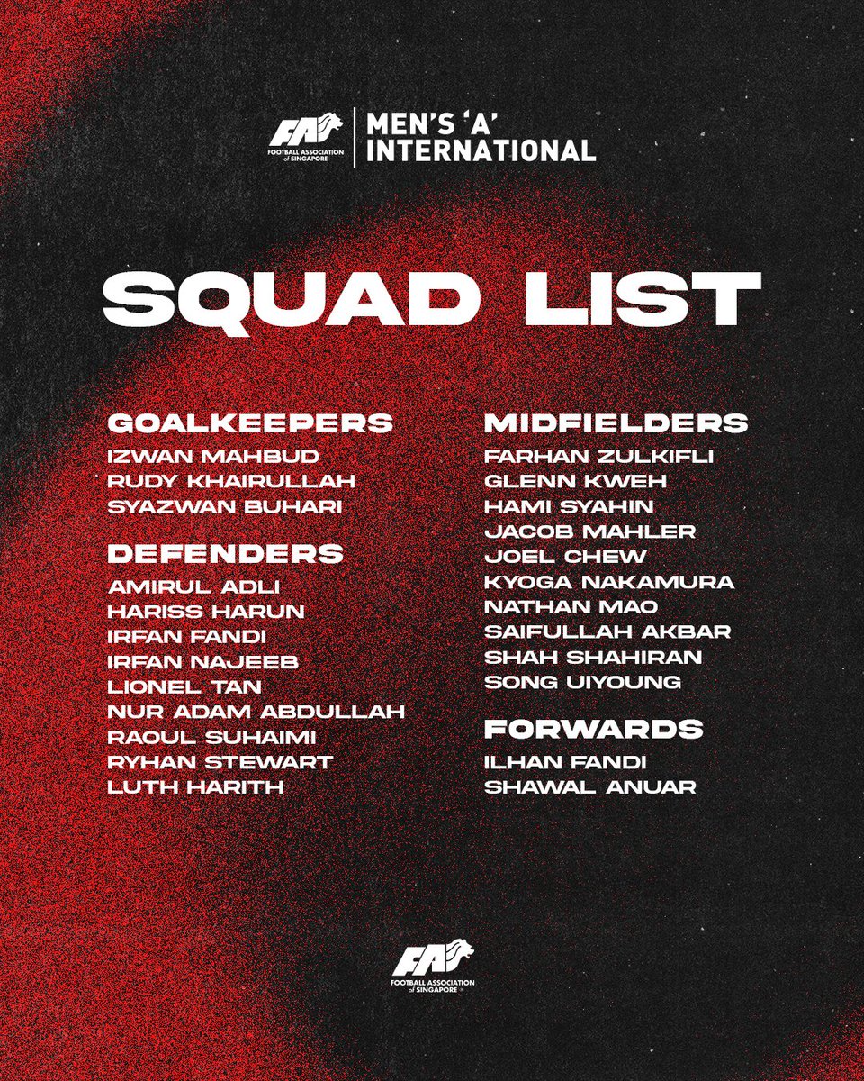 FASingapore's tweet photo. Head Coach Gavin Lee has named a 24-man squad for the upcoming centralised training camp ahead of the ASEAN Championship Hyundai Cup 2026. https://t.co/alZW8XpKBC